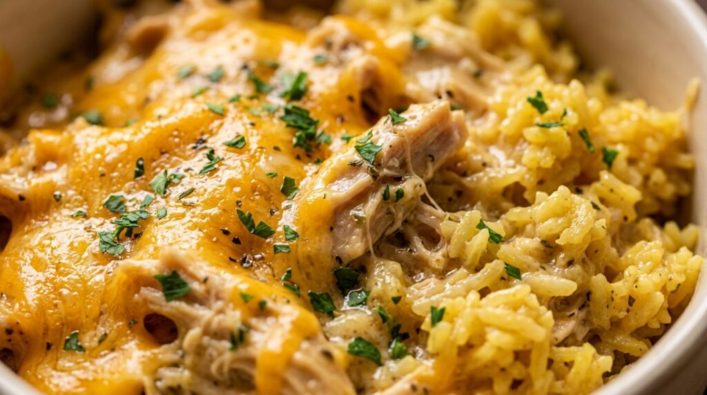 Ultra close-up macro food photography of cozy slow cooker cheesy chicken and rice with golden melted cheddar cheese and fresh herbs