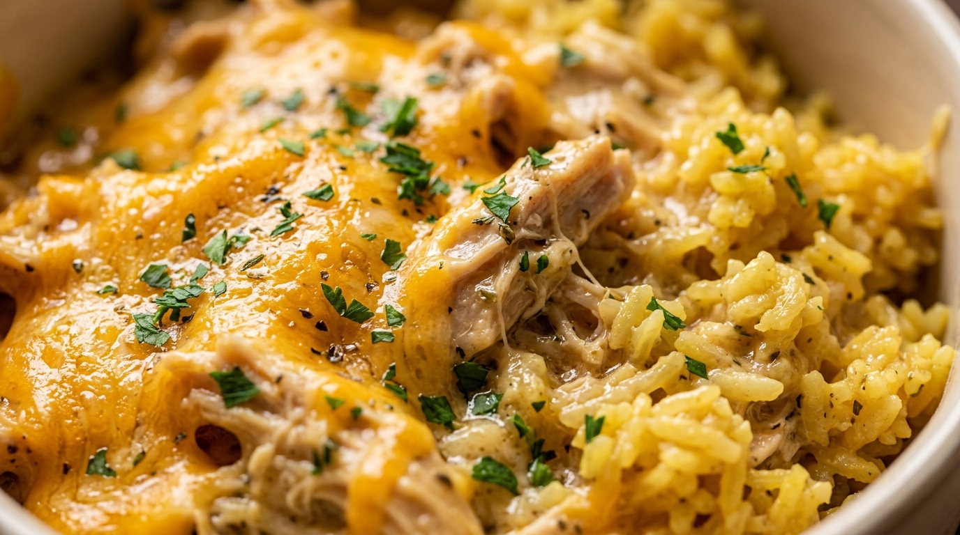 Ultra close-up macro food photography of cozy slow cooker cheesy chicken and rice with golden melted cheddar cheese and fresh herbs