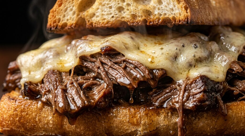 Ultra close-up macro food photography of cozy slow cooker French dip sandwich overflowing with juicy tender shredded beef and melted provolone cheese dripping au jus
