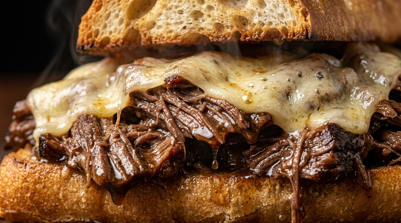 Ultra close-up macro food photography of cozy slow cooker French dip sandwich overflowing with juicy tender shredded beef and melted provolone cheese dripping au jus