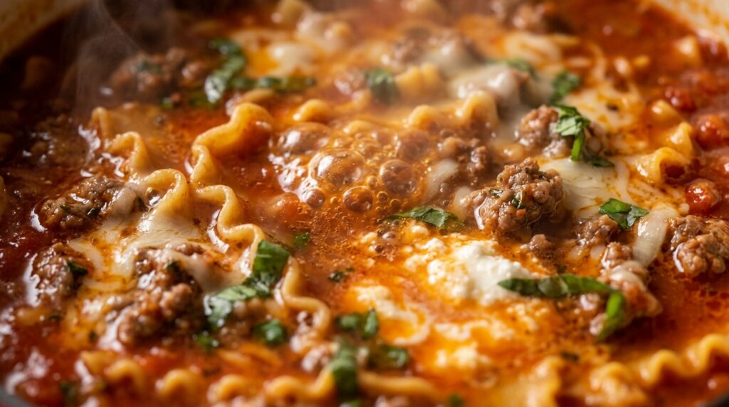 Ultra close-up macro food photography of bubbling cozy slow cooker lasagna soup with ruffled lasagna noodles lean ground beef melted mozzarella and creamy ricotta
