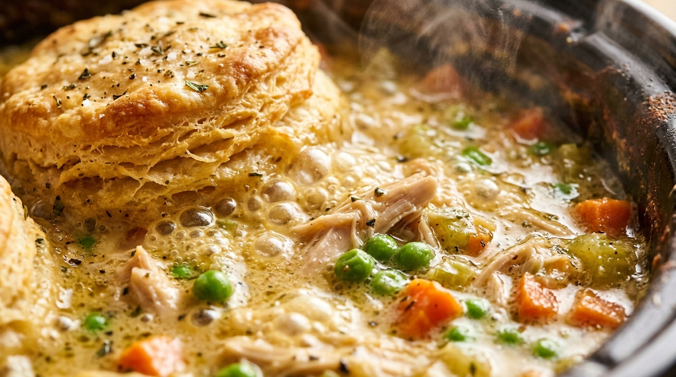Ultra close-up macro food photography of rich creamy slow cooker chicken pot pie filling with tender chicken peas carrots and golden flaky buttermilk biscuit