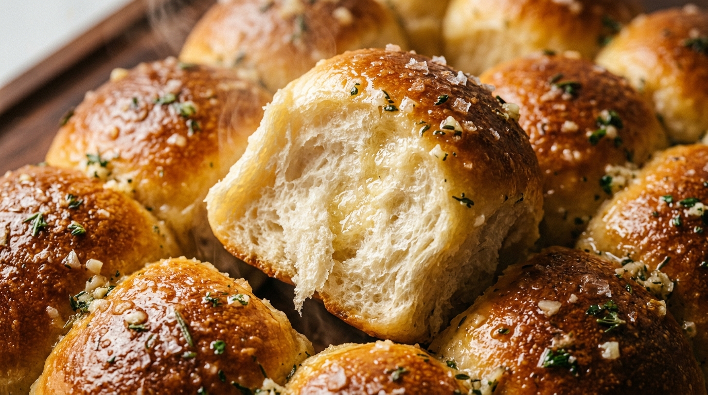 Ultra close up macro food photography of golden brown fluffy pull-apart dinner rolls glistening with melted garlic herb brown butter and flaky sea salt