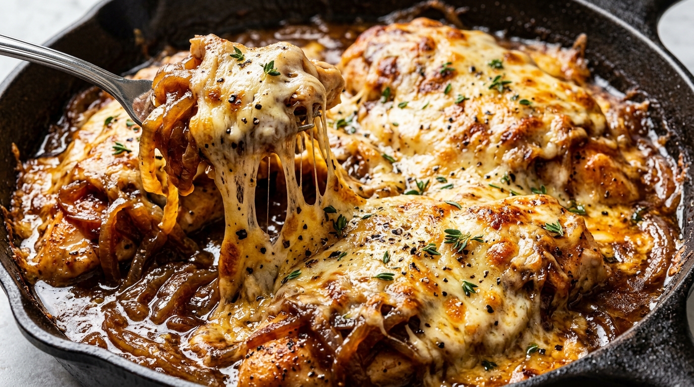 Ultra close up macro food photography of cozy french onion chicken skillet with golden seared cutlet smothered in rich caramelized onions and melted toasted bubbly Gruyere cheese