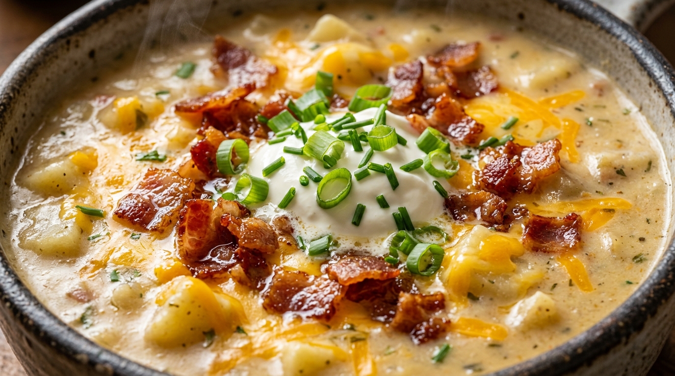 Ultra close up macro food photography of cozy creamy loaded baked potato soup with melted sharp cheddar, crispy halal bacon, and sour cream