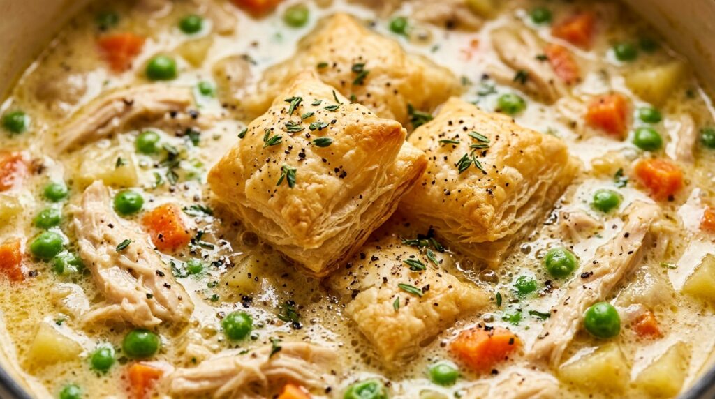 Ultra close up macro shot of bubbling creamy chicken pot pie soup studded with tender shredded chicken, peas, carrots, and golden flaky puff pastry croutons