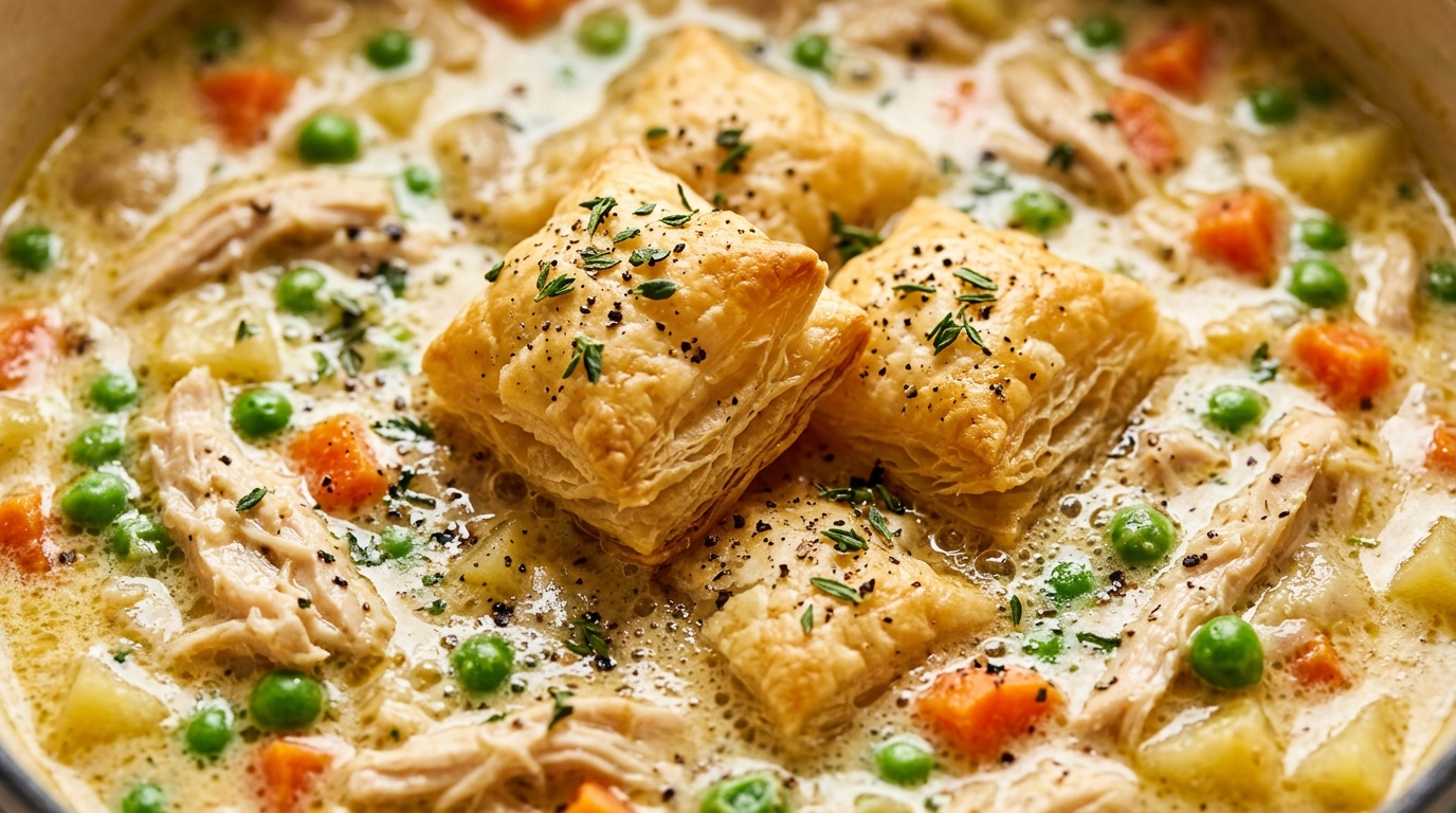 Ultra close up macro shot of bubbling creamy chicken pot pie soup studded with tender shredded chicken, peas, carrots, and golden flaky puff pastry croutons