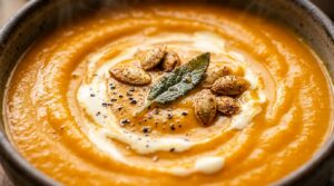 Ultra close up macro shot of velvety golden roasted pumpkin soup swirled with heavy cream and toasted spiced pumpkin seeds