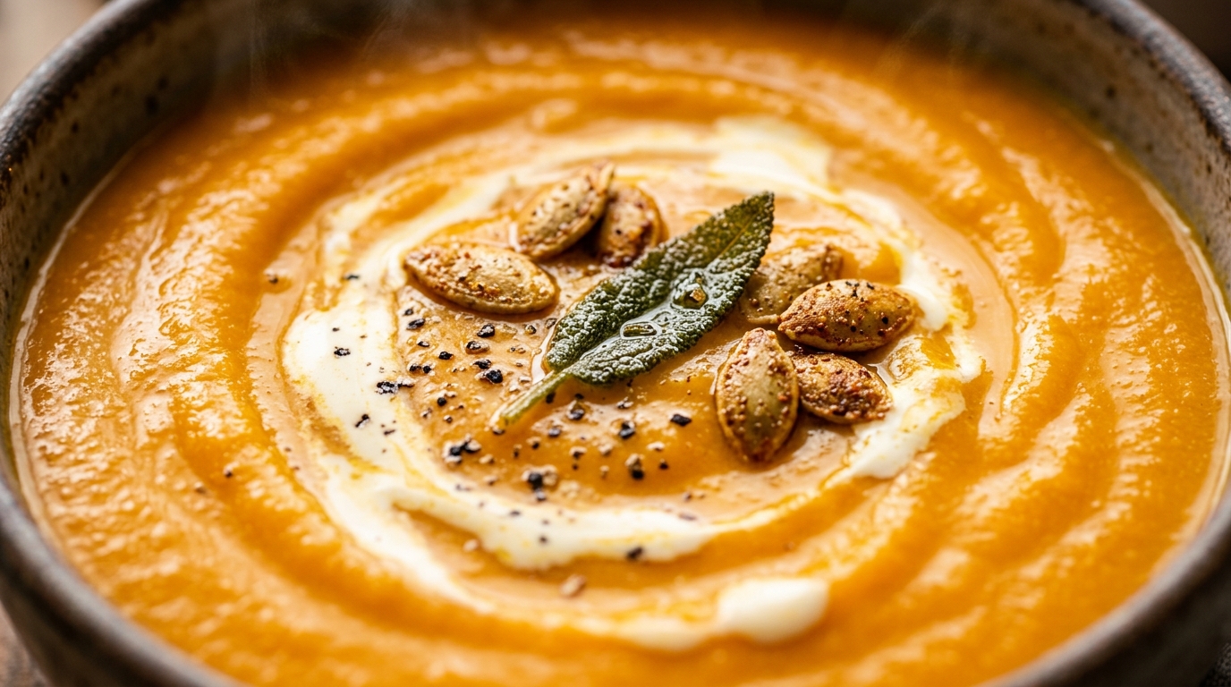 Ultra close up macro shot of velvety golden roasted pumpkin soup swirled with heavy cream and toasted spiced pumpkin seeds