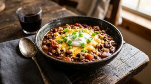 Ultra close up macro food photography of cozy slow cooker beef chili with melted cheddar cheese and sour cream