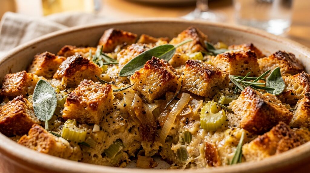 Ultra close up macro shot of golden brown crisp sourdough bread stuffing cubes baked in a casserole dish with fresh sage caramelized leeks celery and rich herb broth