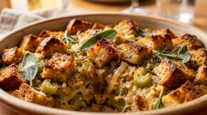Ultra close up macro shot of golden brown crisp sourdough bread stuffing cubes baked in a casserole dish with fresh sage caramelized leeks celery and rich herb broth