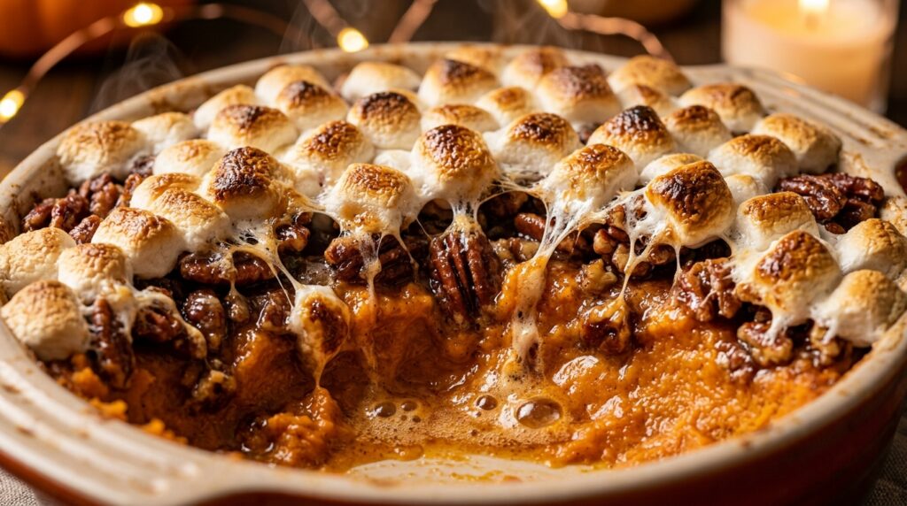Ultra close up macro food photography of sweet potato casserole topped with golden toasted marshmallows and crunchy brown sugar pecan streusel