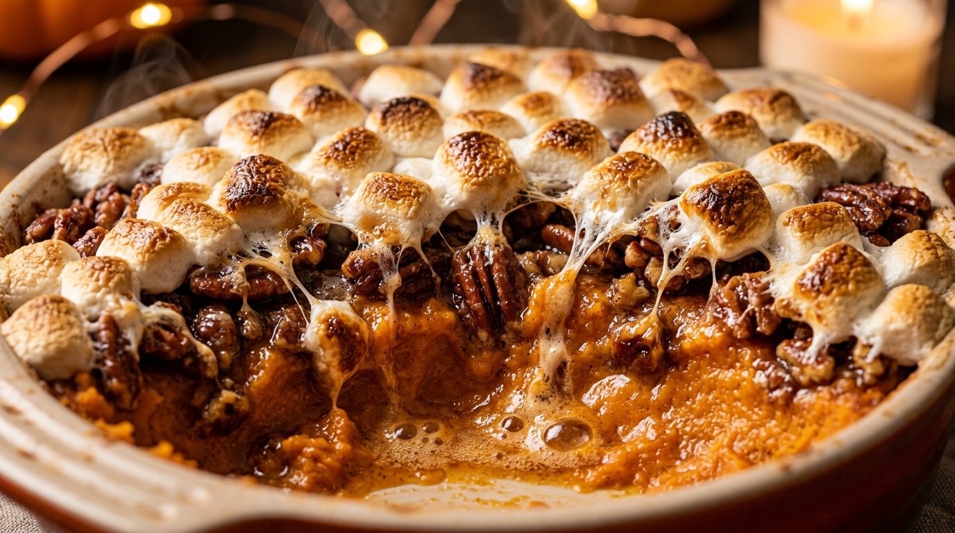 Ultra close up macro food photography of sweet potato casserole topped with golden toasted marshmallows and crunchy brown sugar pecan streusel