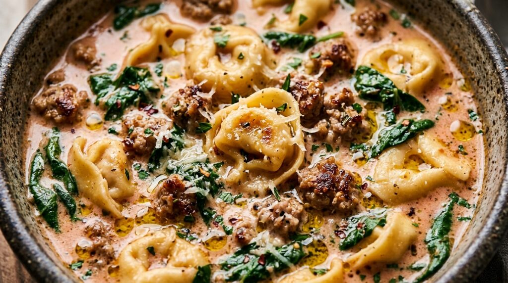 Ultra close up macro food photography of cozy creamy Italian sausage and tortellini soup with cheese tortellini, savory sausage, and wilted spinach in tomato cream broth