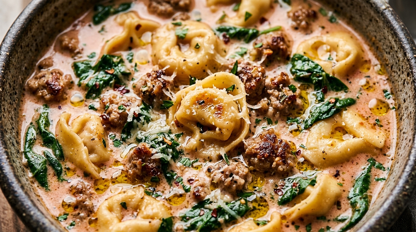 Ultra close up macro food photography of cozy creamy Italian sausage and tortellini soup with cheese tortellini, savory sausage, and wilted spinach in tomato cream broth