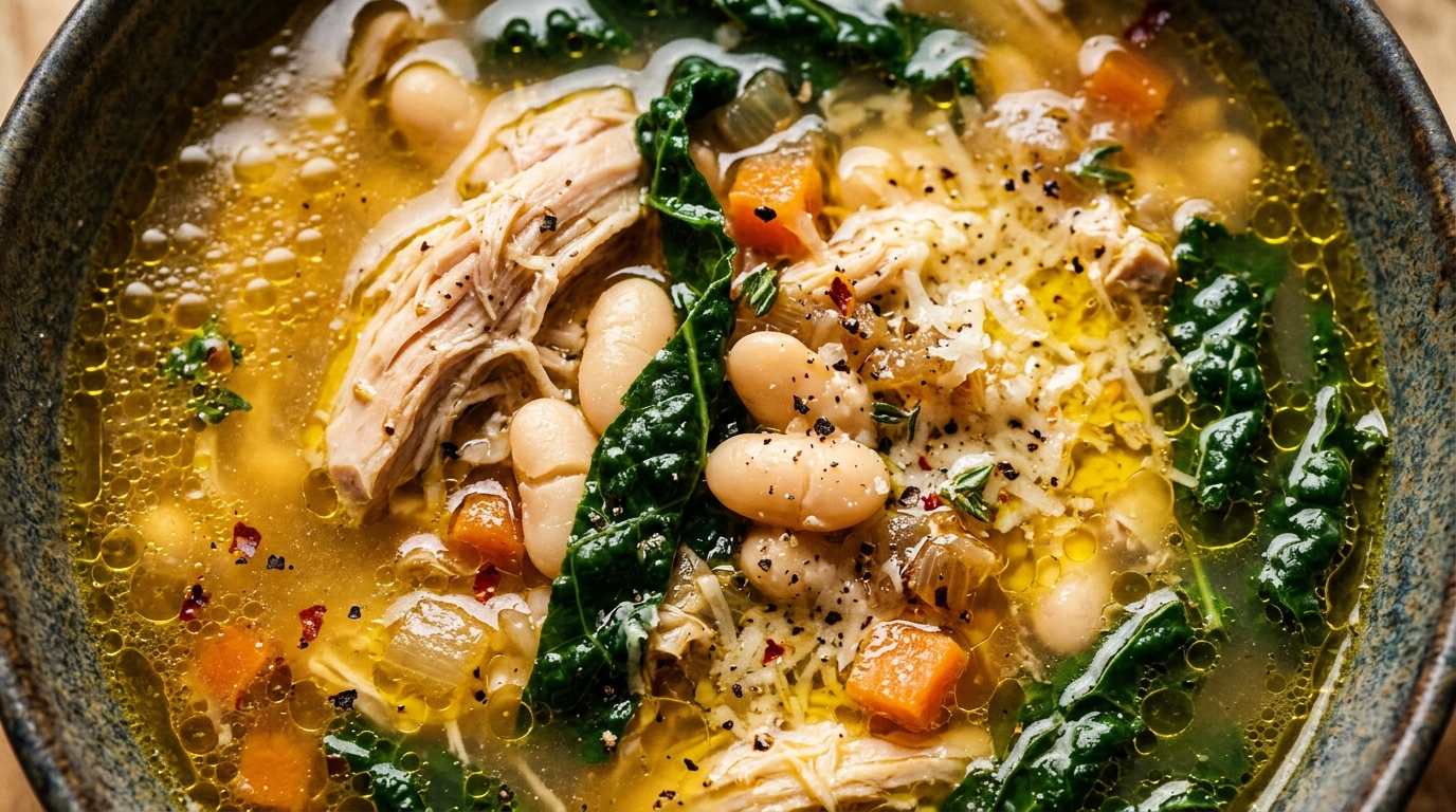 Ultra close up macro shot of hearty rustic Tuscan chicken soup with tender shredded chicken creamy cannellini beans ribboned Lacinato kale and parmesan herb broth