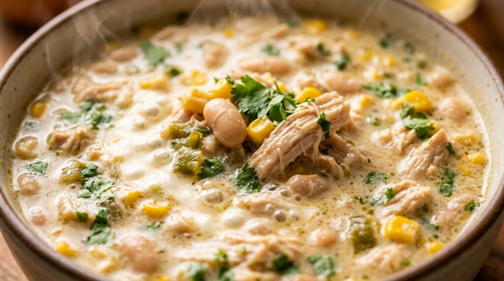 Ultra close up macro food photography of cozy creamy white chicken chili with tender shredded chicken, white beans, sweet corn, and melted cream cheese